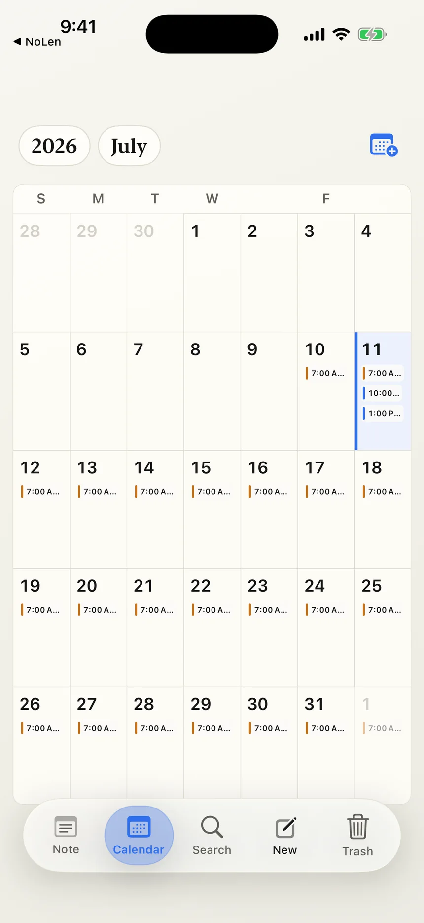 A NoLen calendar showing two events added from a note