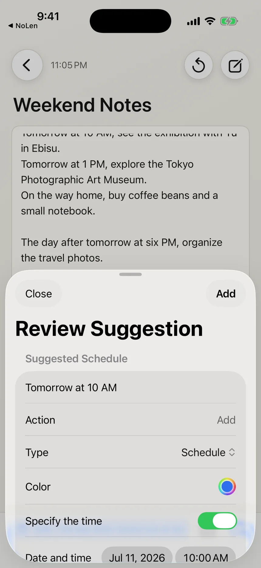 A screen for reviewing the title, date, and time found in a note