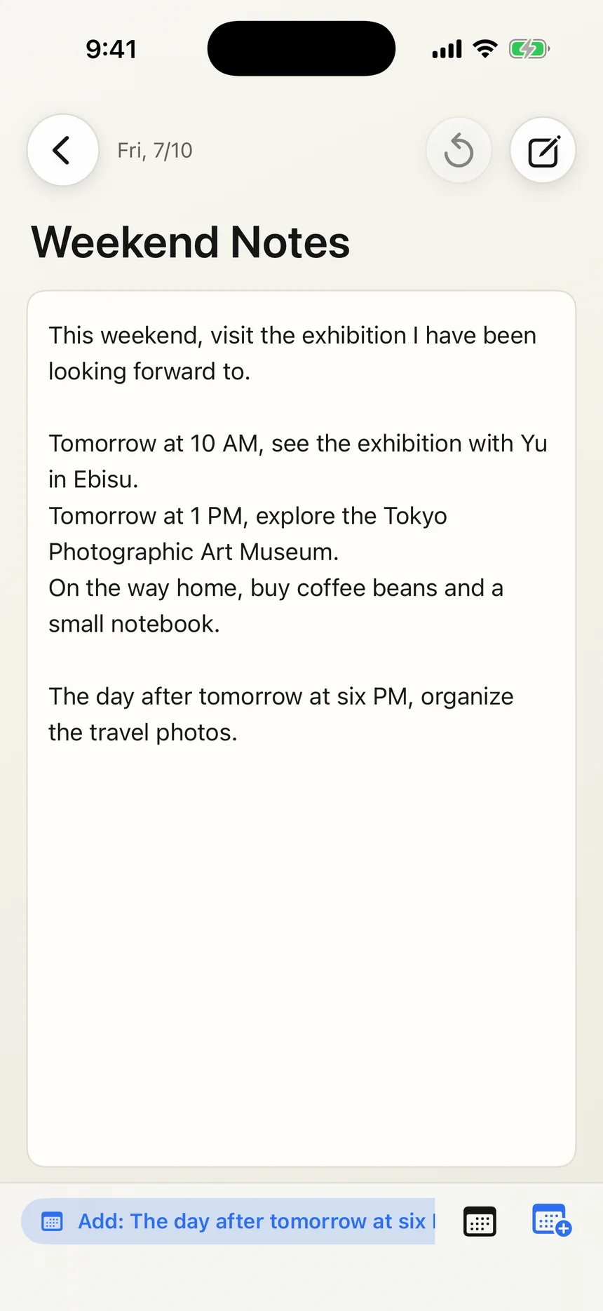 A NoLen note about weekend plans, with schedule suggestions below the text.
