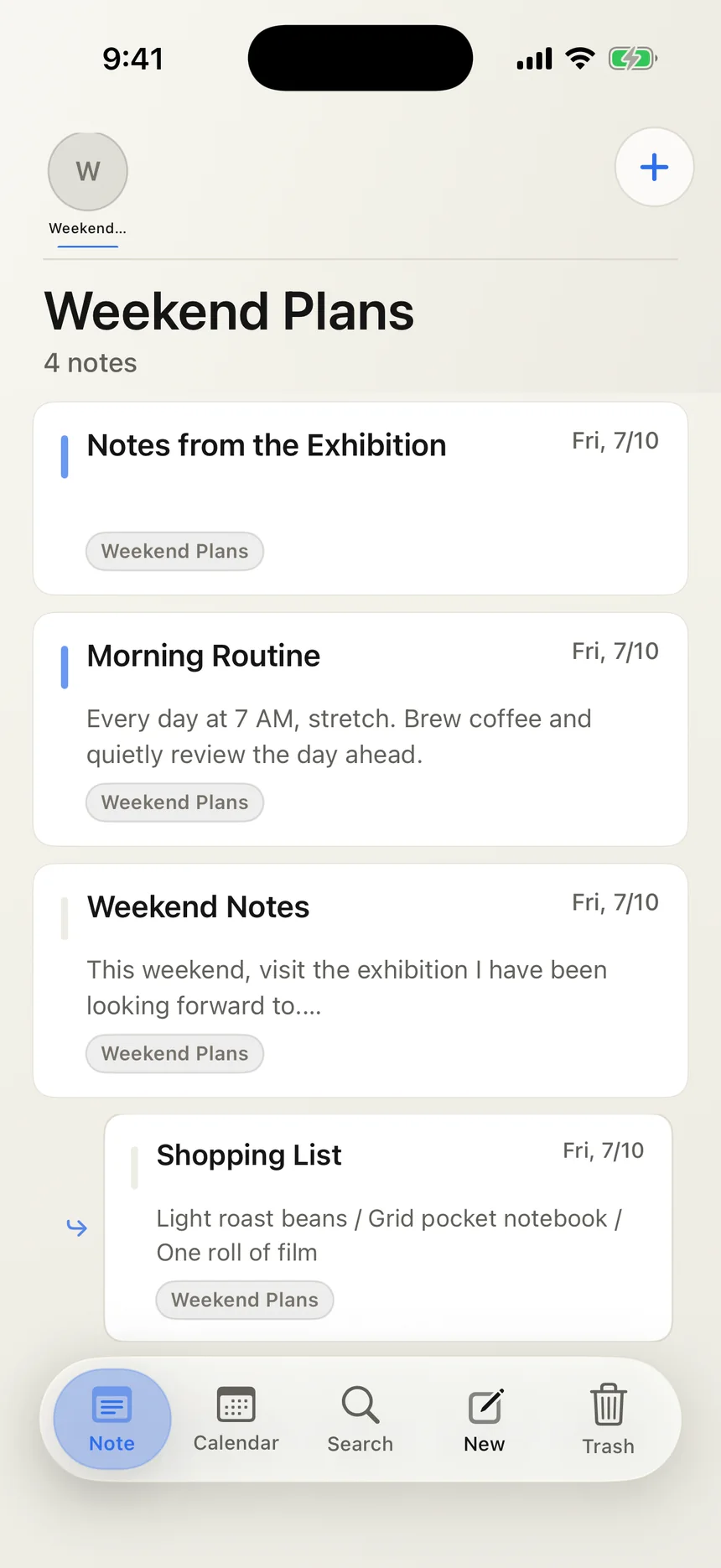 Weekend Plans organized with a parent note and a Shopping List subnote