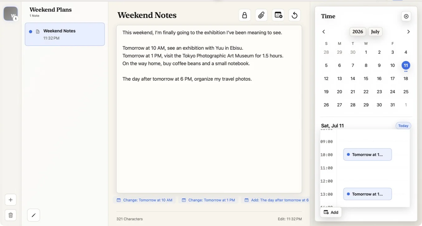 NoLen on Mac showing the note list, Weekend Notes, and calendar in one workspace